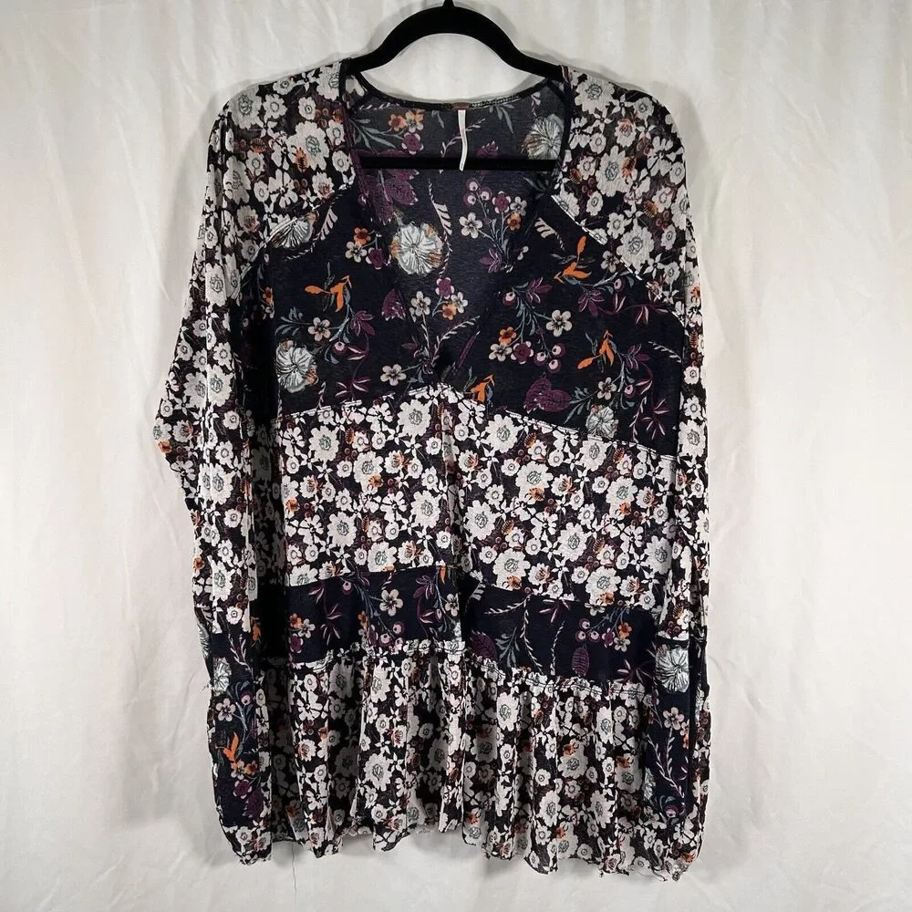 Free People Blouse Women's Medium Purple Floral Vneck Long Sleeve Sheer